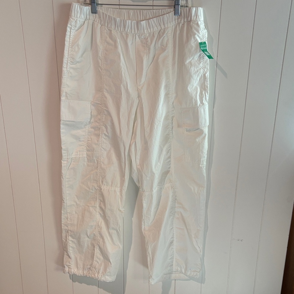 NWT GAP white cotton parachute cargo pants multi pocket cinch cuffs L